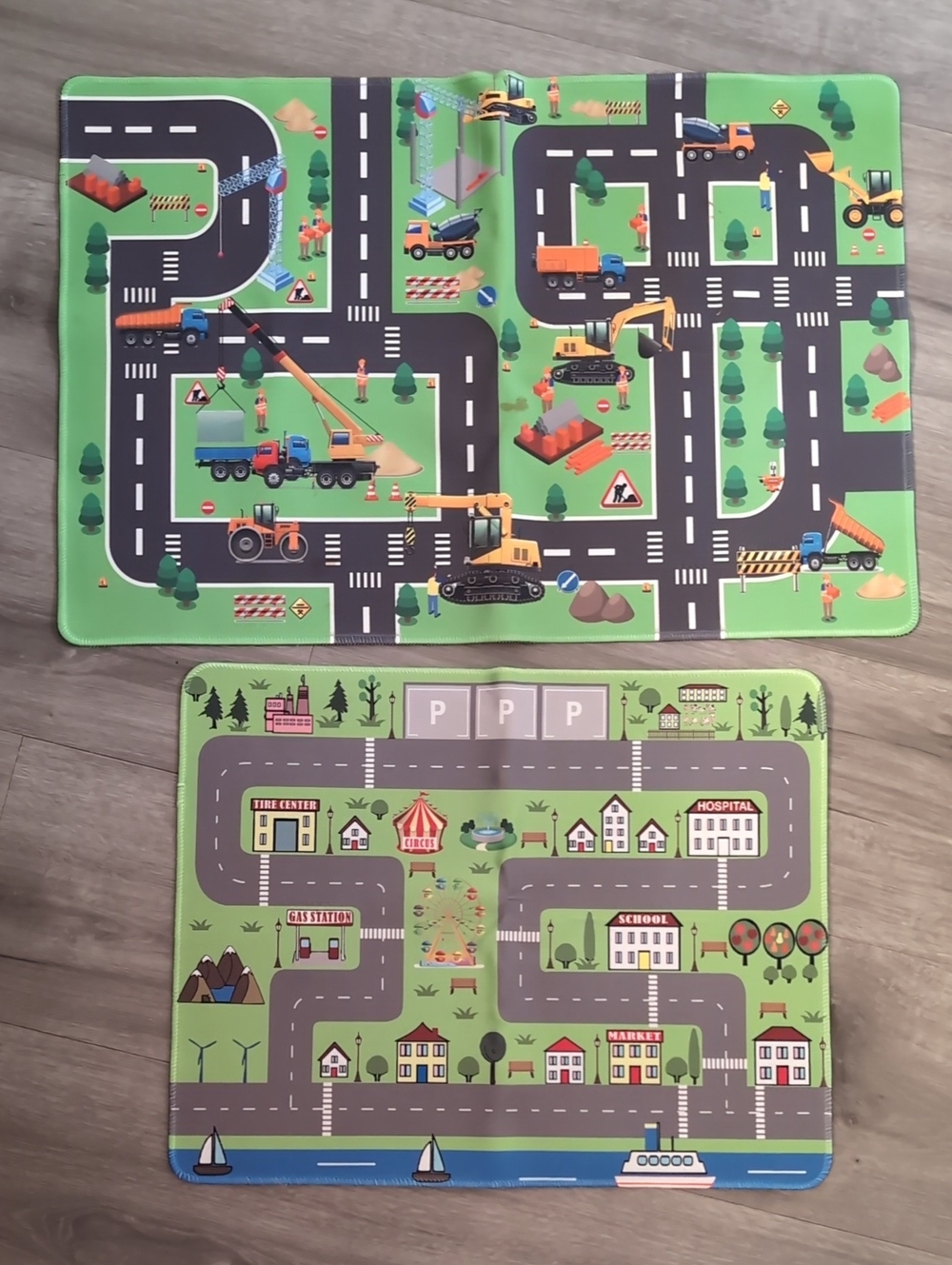 Kids Road Play Mats Set in Green - Fun Town & Construction Scenes